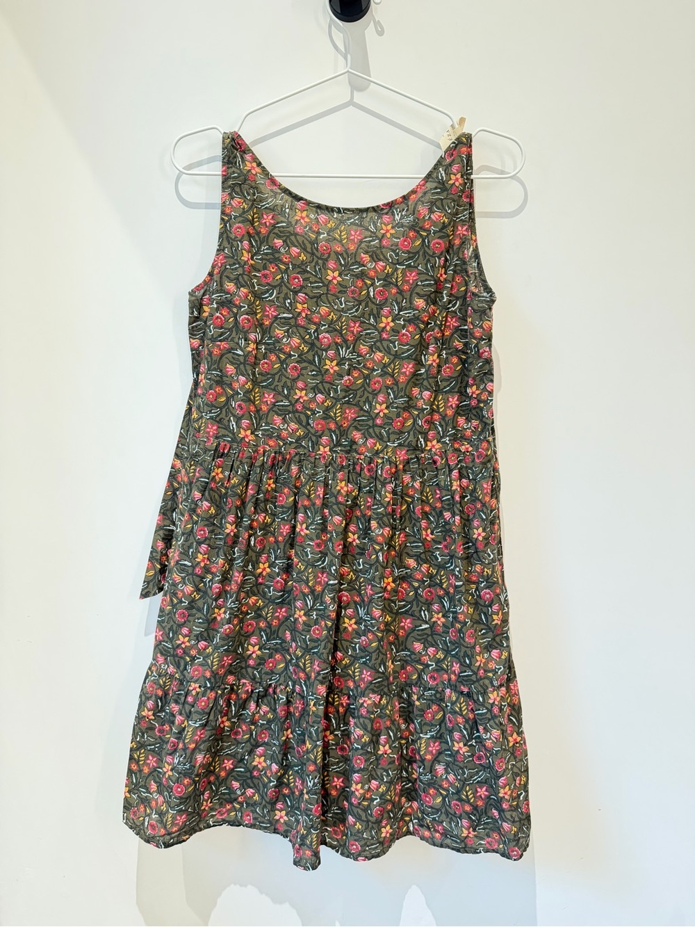 Sezane Olive Green Floral Mini Dress with Pink & Yellow Blooms